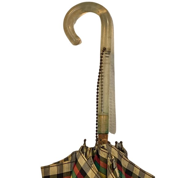 1940s Vintage Lucite Handle Umbrella Rainbow Plaid Acetate Cover - Picture 1 of 6